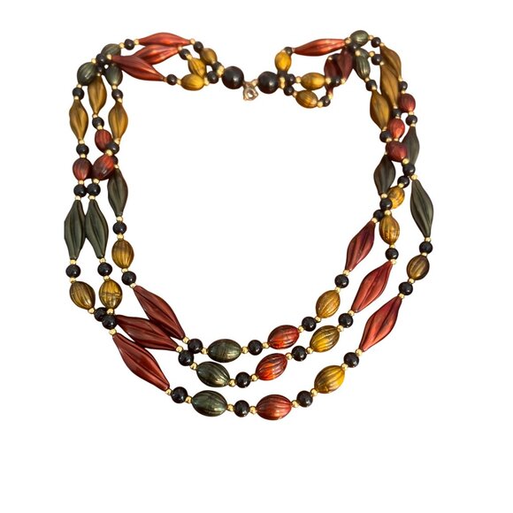 Vintage Twisted Bead Necklace Green Red Cranberry Mustard Yellow Multi Strand - Picture 4 of 5